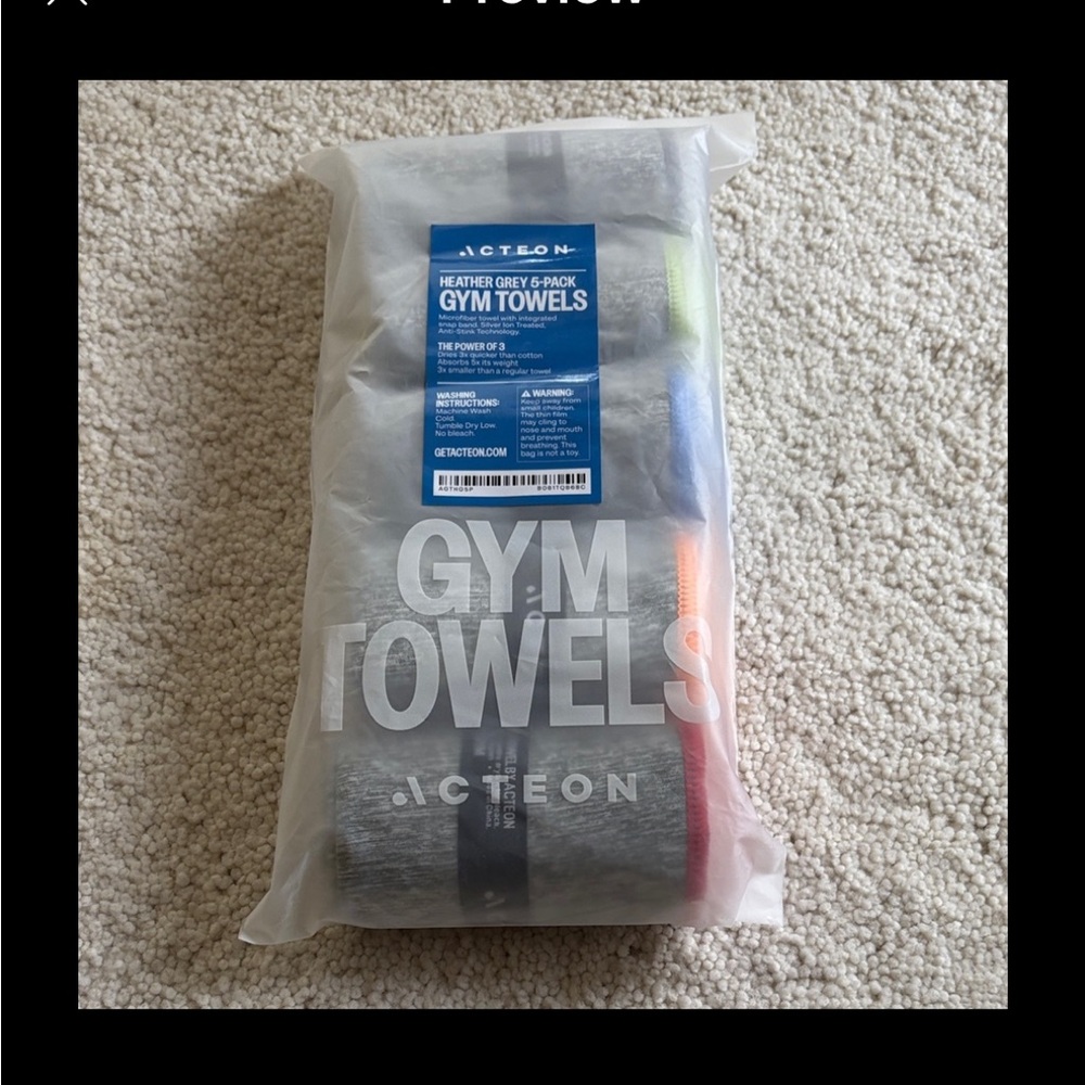 NWT Acteon microfiber Heather Gray Gym Towel Set